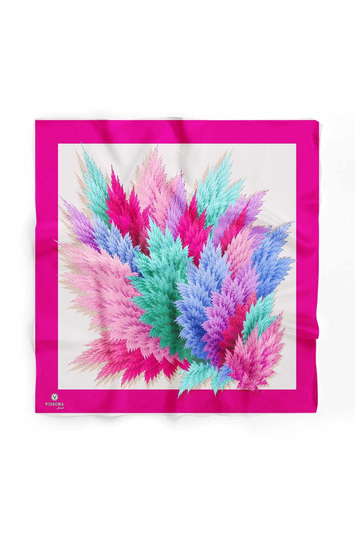 %100 İpek Kadın Desenli Bandana 80x80 FUŞYA / BEBE MAVİSİ