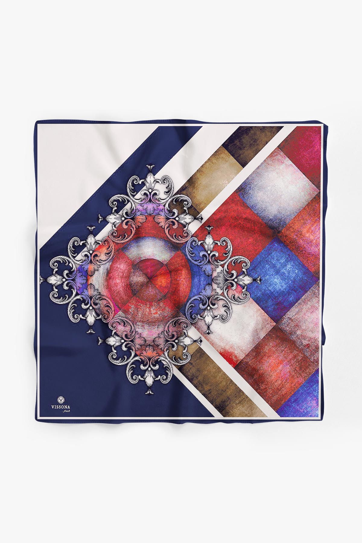 %100 İpek Kadın Desenli Bandana 80x80 LACİVERT / KIRMIZI