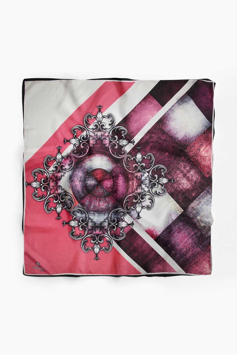 %100 İpek Kadın Desenli Bandana 80x80 SİYAH / BORDO