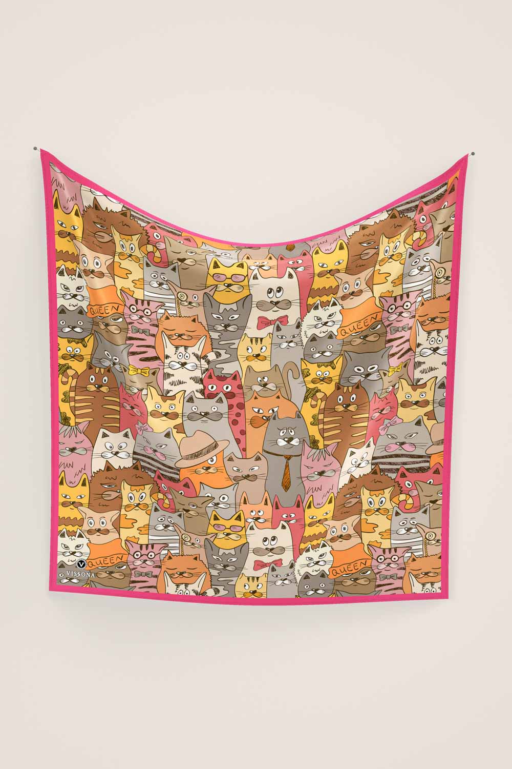 %100 İPEK KEDİ DESENLİ KADIN BANDANA 50X50 STD - Thumbnail