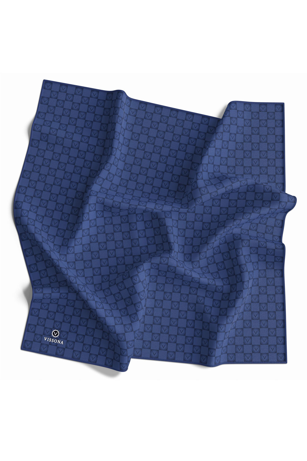 %100 Twill İpek Monogram Desenli İndigo Renkli 90x90 Eşarp Dikim Şekli : El Dikişi İNDİGO-2