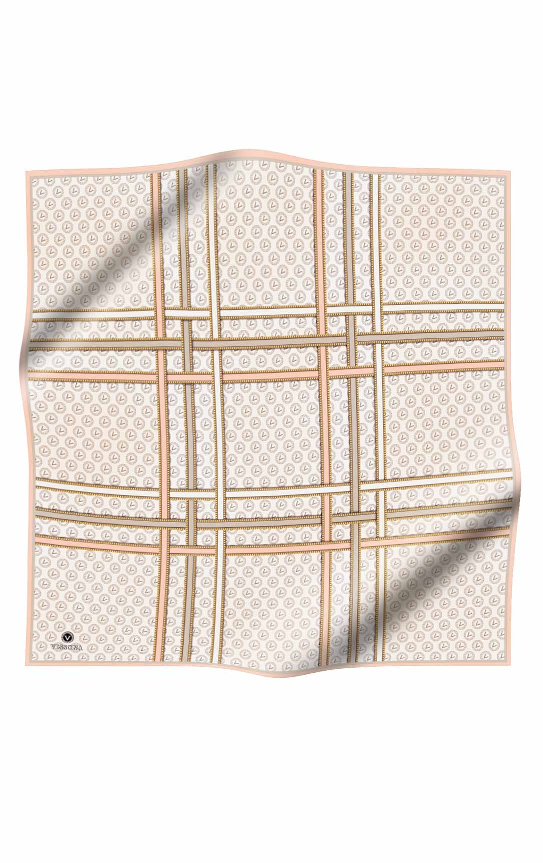 %100 Twill İpek Gold Şeritli Monogram Desenli Siyah - Gold Renkli 90x90 Eşarp Dikim Şekli : El Dikişi KREM / SOMON