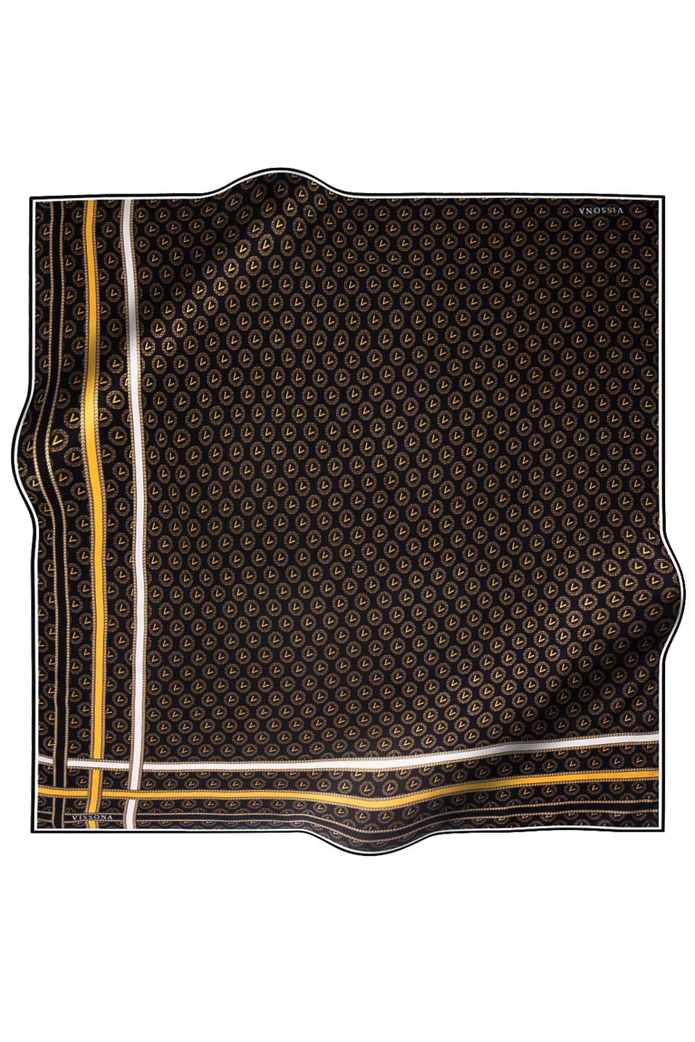 %100 Twill İpek Monogram Desenli Siyah - Gold Renkli 90x90 Eşarp Dikim Şekli : El Dikişi SİYAH / GOLD